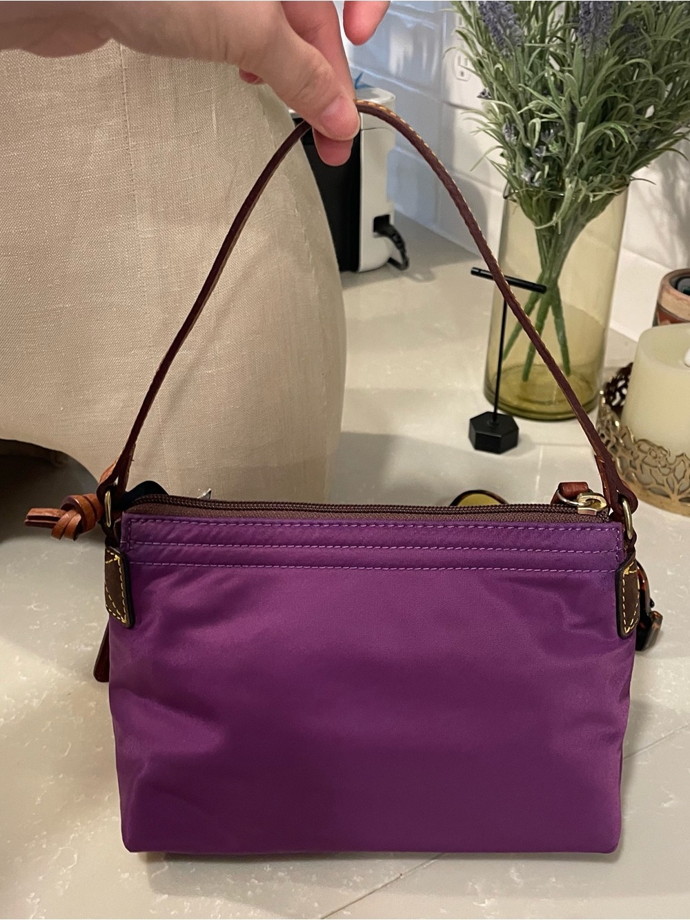 Dooney & Bourke Purple Nylon Shoulder Bag with Brown Leather Trim - Picture 3 of 7